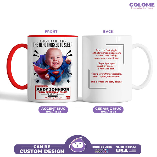 Custom Baby Superman Mug – “The Flying Peanut” Design with Name, Photo & Quote – Personalized Gift for Moms